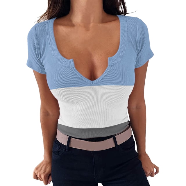 Gibobby Playera de Manga Corta Casual Suave Camiseta manga corta con cuello en V para mujer, ajustada, , ajustada, a juego, blusa básica punto(Azul claro,G)