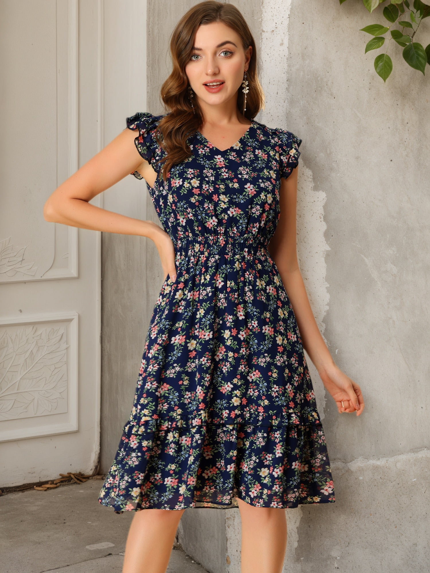 DARING DIVA Floral Flutter Sleeves V Neck Smocked Ruffle Dress XS Navy