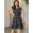 thumbnail image 2 of DARING DIVA Floral Flutter Sleeves V Neck Smocked Ruffle Dress XS Navy, 2 of 6