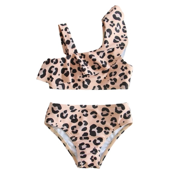 JIAYUE Toddler Girls Two Piece Swimsuit Set Cute Leopard Print Sleeveless Ruffle Trim Asymmetrical V Neck Top And Bikini Bottoms Kids Bohemian Summer Swimwear