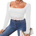 thumbnail image 2 of Womens Ribbed Long Sleeve Crop Tops T Shirts Lace Trim Sweetheart Basic Fitted Tees, 2 of 7