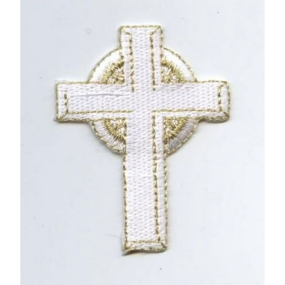 Gold/White Celtic Cross - Iron on Embroidered Applique Patch