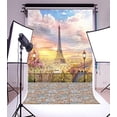 thumbnail image 2 of GreenDecor 5x7ft Paris Eiffel Tower Backdrops Modern Building Road Lamps Metal Fence Vintage Brick Floor Blue Sky White Cloud Birds Nature Romantic Ph, 2 of 5