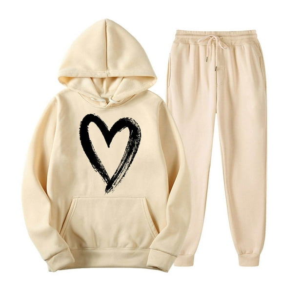 JURANMO Fashion 2 Piece Outfits for Women, Heart Graphic Hoodie Sweatsuit Casual Lightweight Hooded Sweatshirts Comfy Elastic Beam Feet Jogging Pants Matching Set Beige S