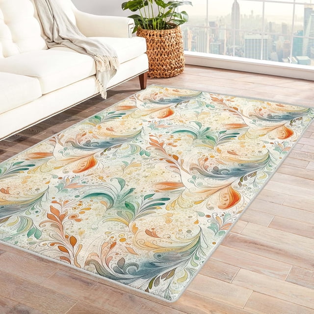 Abstract Rugs for Living Room Bedroom - Colorful Rug 3x5 - Leaf Carpet for Home Decor - Washable Non Slip Patterned Indoor Small Area Rug - Soft & Low Pile (ZK&717)