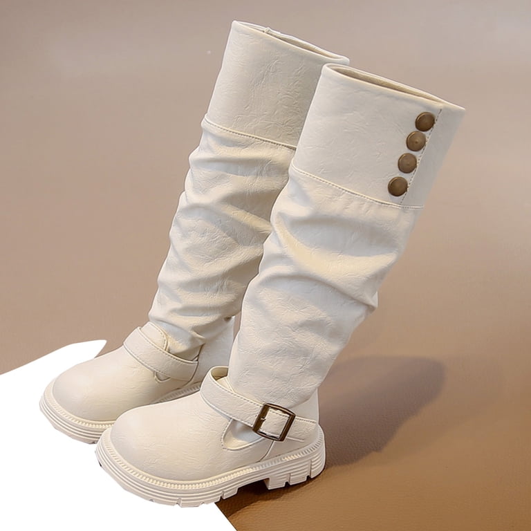 Girls Knee High Leather Boots Buckle Strap Ruched Round Toe Thick Platform Sole Fall Winter Fashion Dress Boots for Little & Big Kids White 2(36)