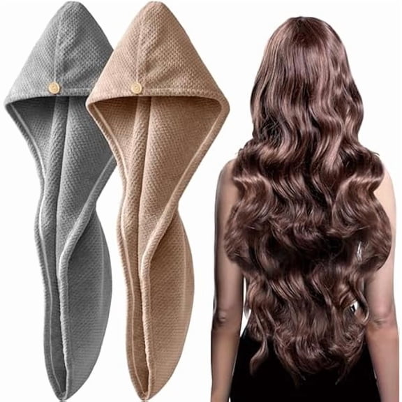Fu997 2 Pack Microfiber Hair Towel Wrap for Women, Super Absorbent Quick Dry Hair Turban for All Hair Style Anti Frizz, Large Hair Drying Towel with Button