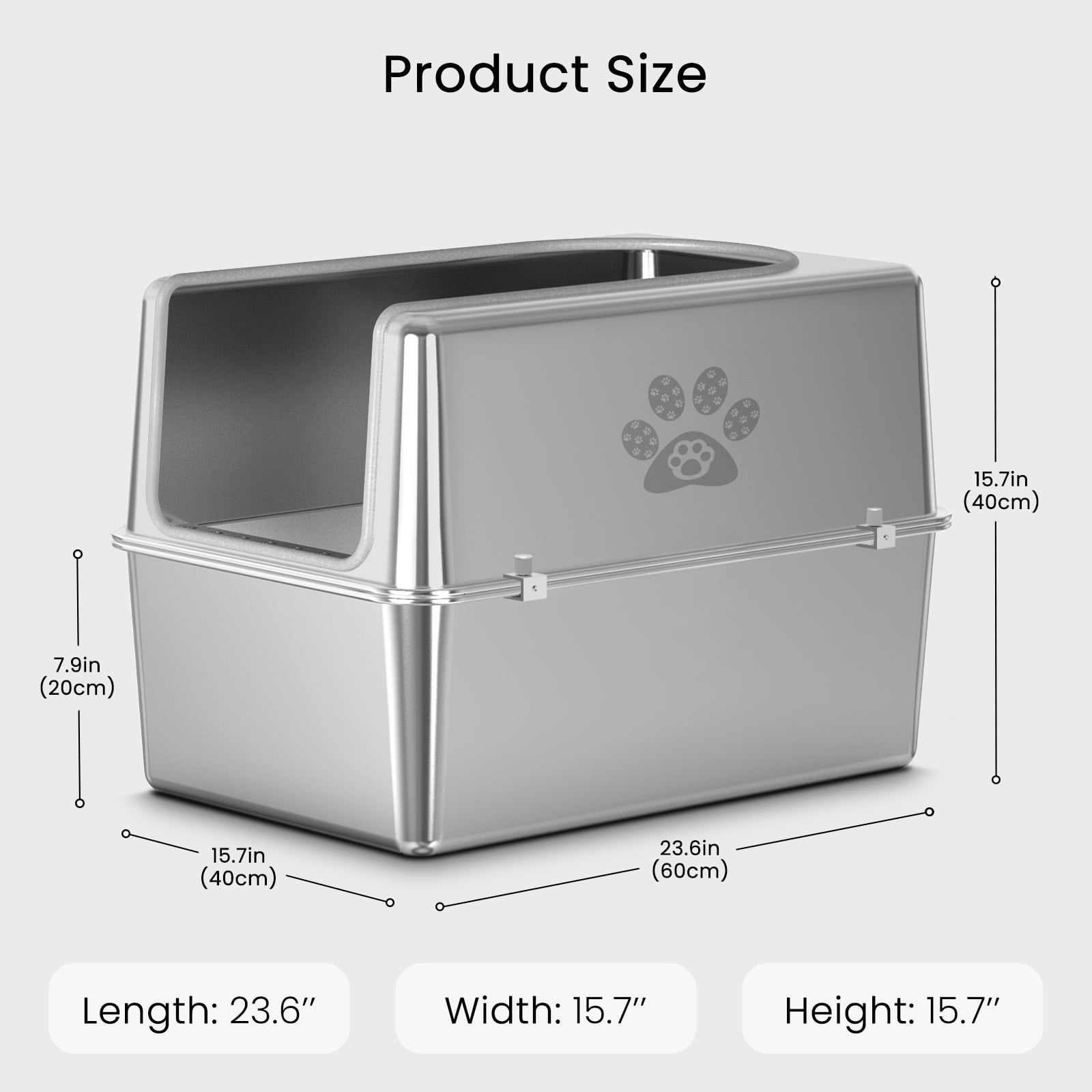 Ptlom Stainless Steel Litter Box with Lid Extra Large Cat Litter Box Metal Litter Pan 23.6" X 15.7" X 15.7"