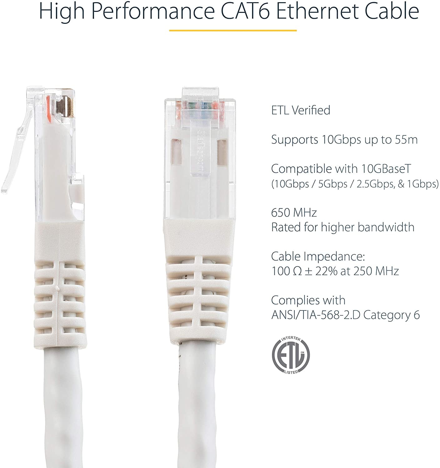 StarTech 25ft CAT6 Ethernet Cable - White CAT 6 Gigabit Ethernet Wire -250Mhz 100W PoE RJ45 UTP Molded Network Patch Cord with Strain Relief (C6PATCH25WH)