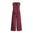 thumbnail image 4 of GILIGEGE Women Cotton Linen 2 Piece Matching Set Sleeveless V Neck Henley Pleated Cropped Button Down Tank Vest Top Wide Leg Pants with Pockets Loose Fit Dressy Casual Summer Lounge Outfit Suit Wine, 4 of 4