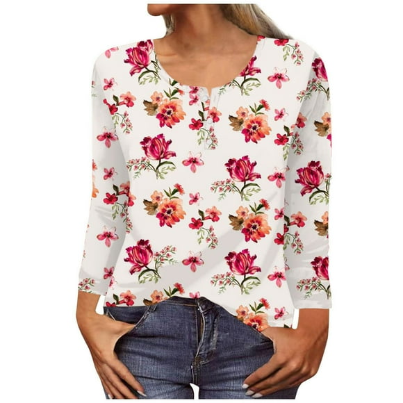 Womens Fall Fashion Women's Fashion Printed Loose T-shirt Long Sleeves Blouse Round Neck Casual Tops Womens Fall Clothes on Clearance