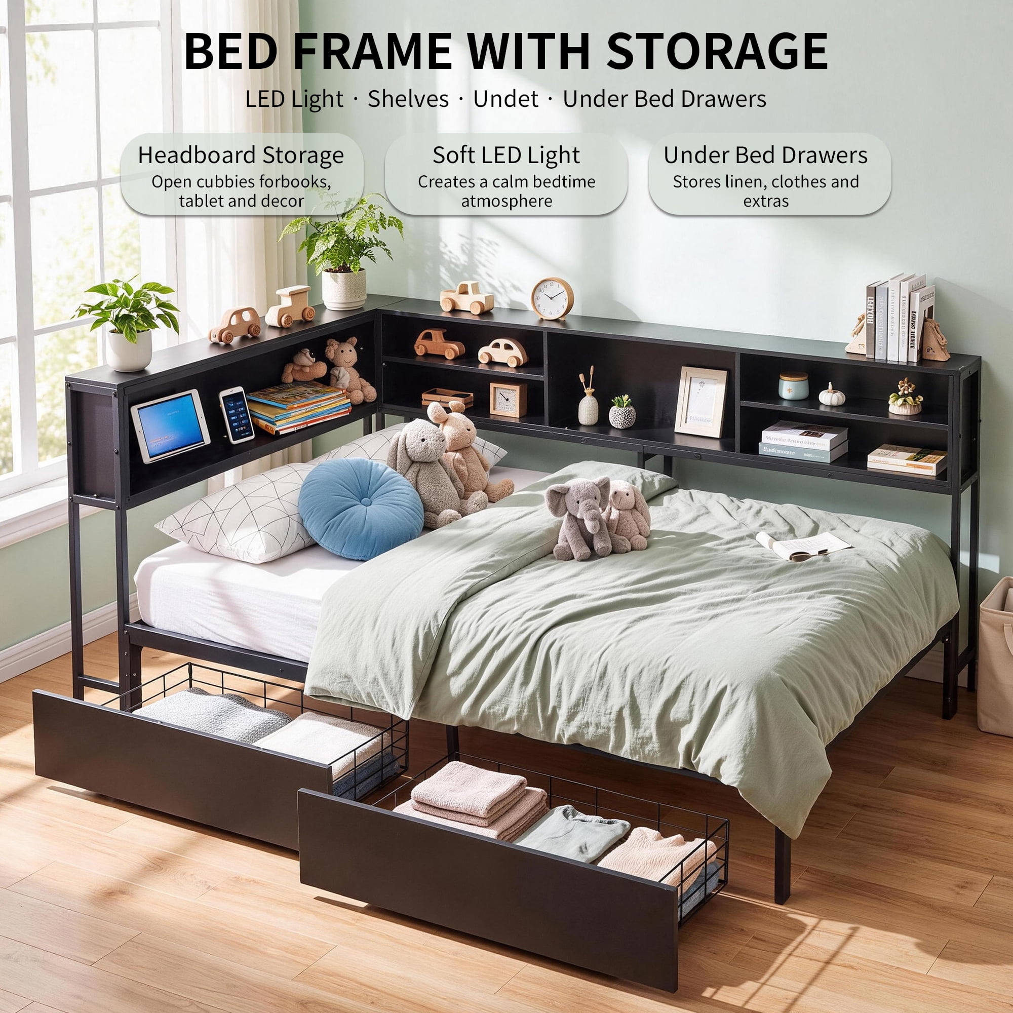 Miniyam Twin Daybed with 2 Storage Drawers, LED Lights & Charging Station, Black