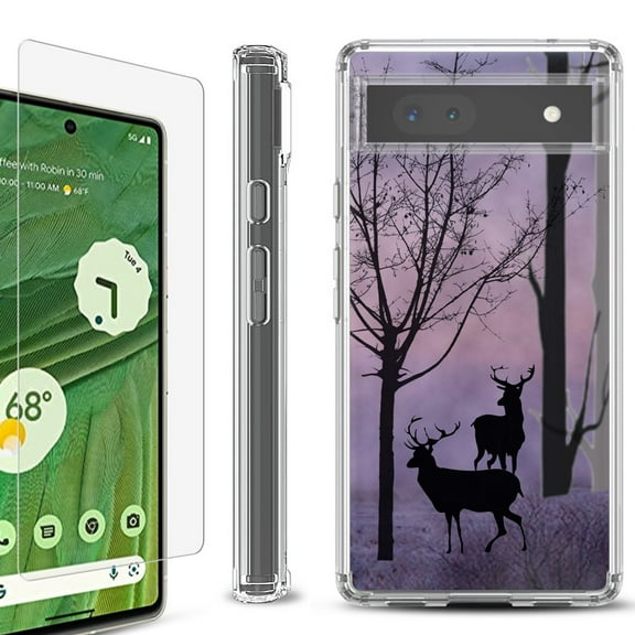Shockproof Bumper Phone Case for Google Pixel 6a, with Tempered Glass Screen Protector, by OneToughShield ® - Forest/Deer/Twilight
