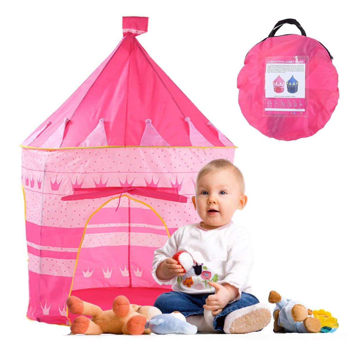 PORTABLE FOLDING PINK PLAY TENT CHILDRENS KIDS CASTLE CUBBY PLAY HOUSE TOY HUT..