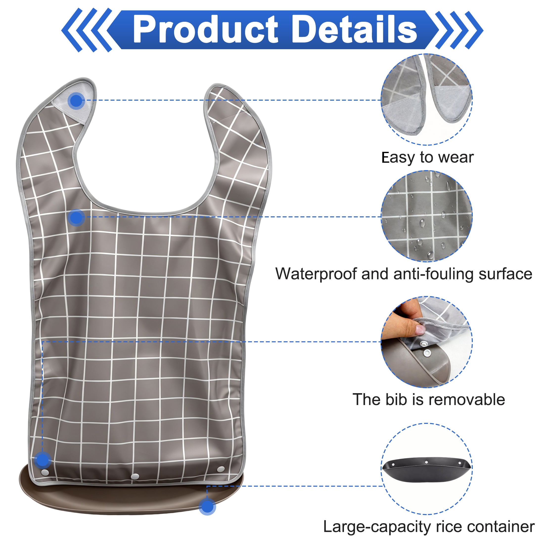 3 Pack Adult Bib for Eating, Waterproof Elderly Bib with Removable Food Catcher Tray, Reusable Large Clothing Protector, Washable Dining Apron for Seniors, Nursing Home, 28.34 × 26.77 Inch