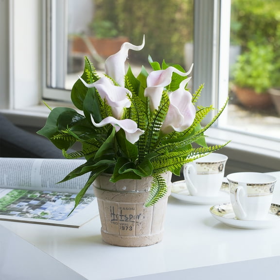 Enova Home Artificial Flowers Mixed Real Touch Pink Lily with Green Leaf Fake Silk Flowers Arrangement in Pot for Home Office Garden Decoration