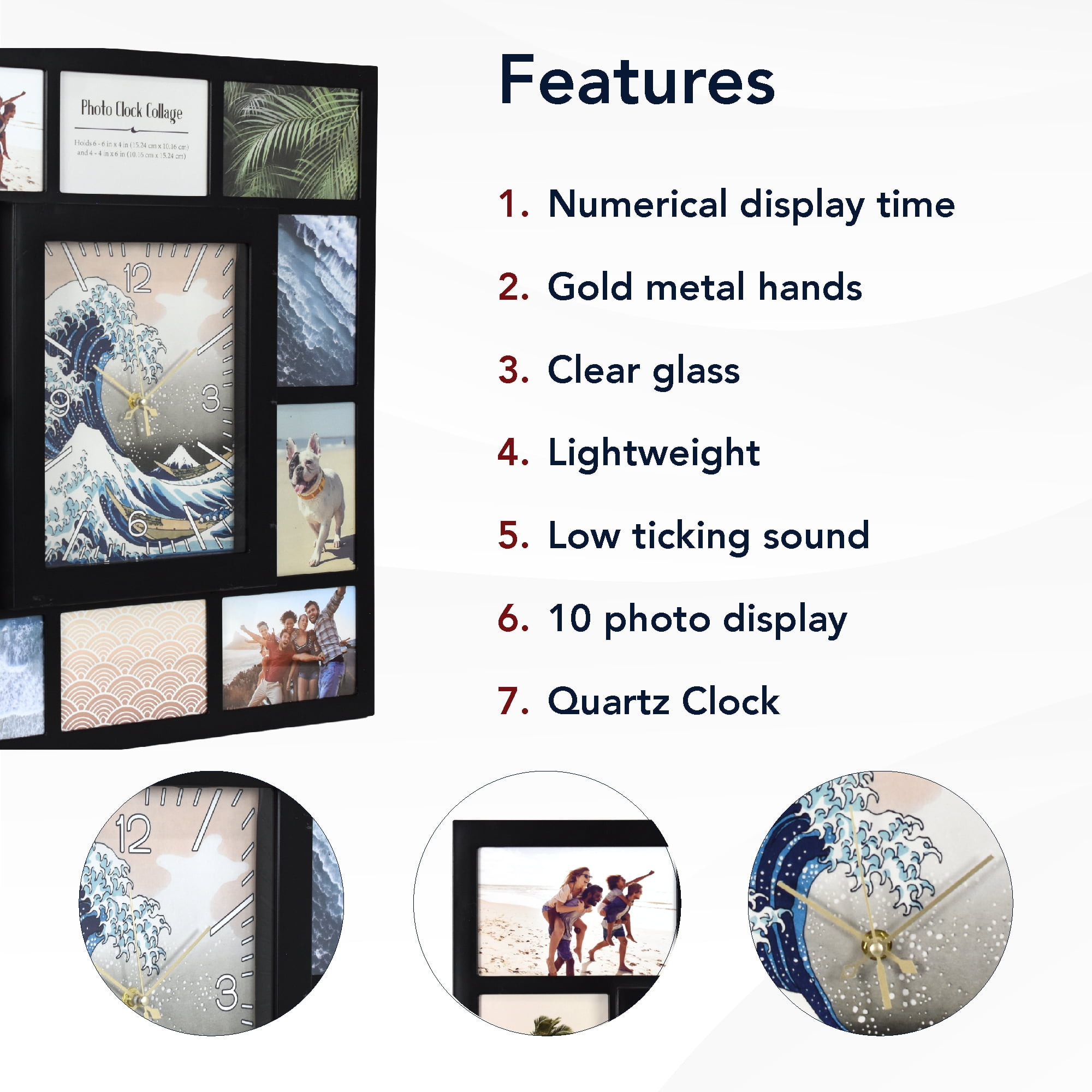 Great Wave Black Picture Frame Photo Collage Wall Clock - 10 Slots, Family Decor for Living Room Entryway Hallway Bedroom 19.25x21.5"