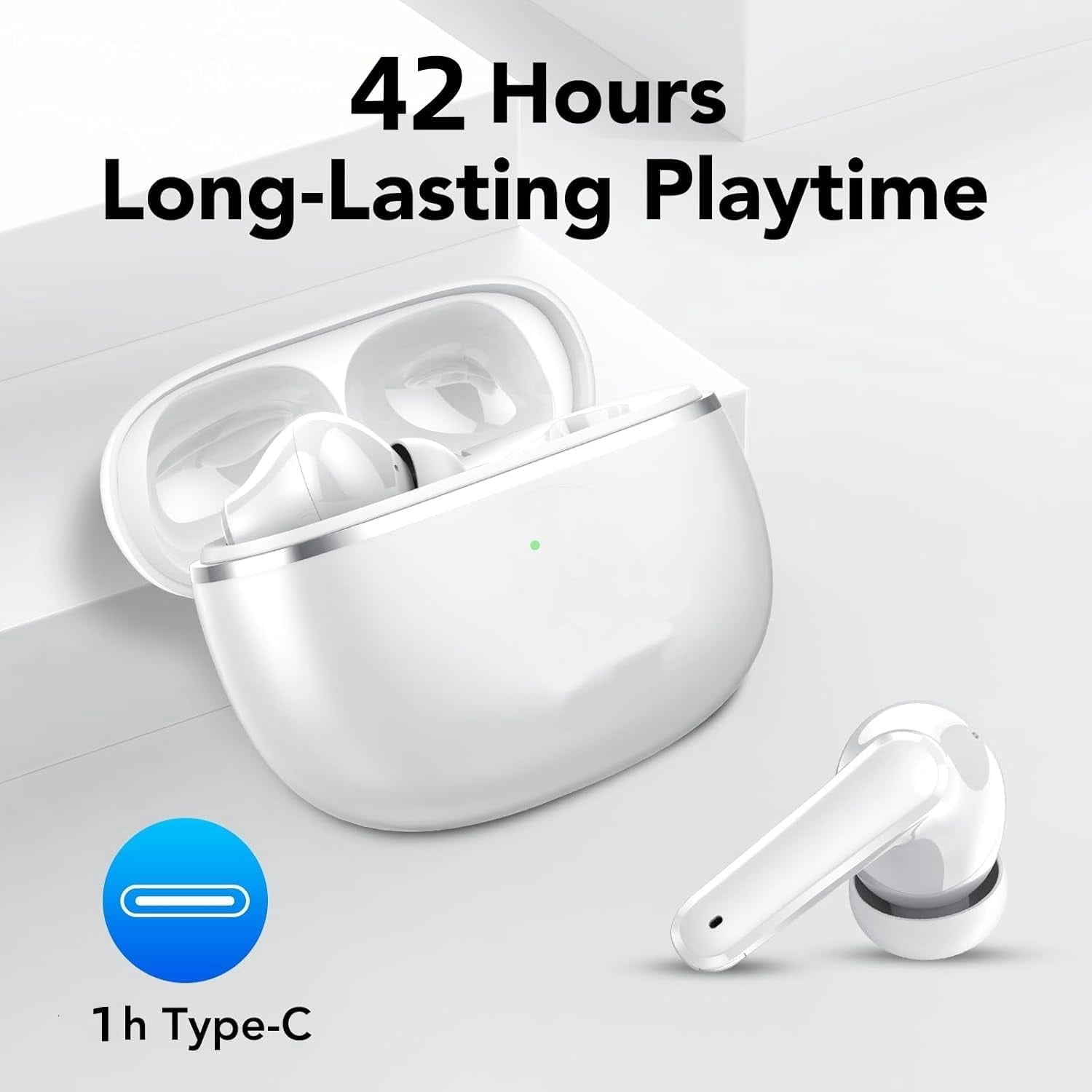 True Wireless Earbuds Bluetooth 5.3 Mic Noise Cancelling IPX7 Waterproof Hi-Fi Stereo Sound Long Battery 42H Playtime Auto Pairing for Android/Samsung/Apple iPhone Headphones pro,White
