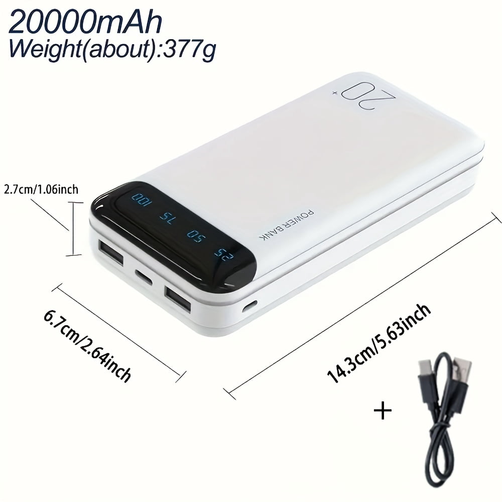 Large Capacity Portable Power Bank 20000mAh, 5V2.1A Portable USB Charger, LED and Digital Display Screen, Suitable for IOS/Android Devices, 2xUSB Output, Type-C/Micro Input, Safe and Stable Polymer