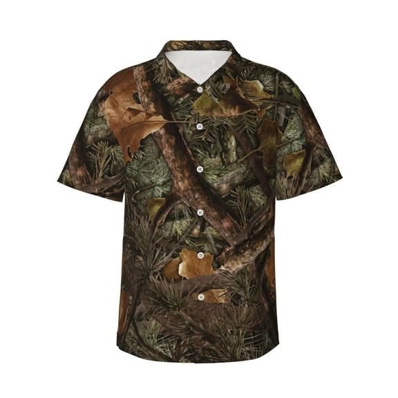 Forest Camouflage Hawaiian Shirts For Men, Summer Short-Sleeve Relaxed-Fit Button-Down Shirts Small