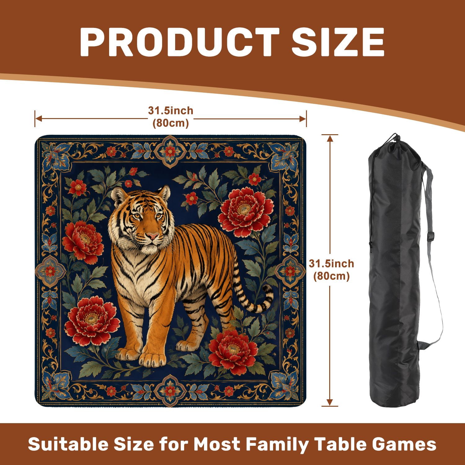 Mahjong Mat 31.5" x 31.5" Majestic Tiger Red Flowers Ornate Border Deep Blue Non-Slip Noise Reduction Mahjong Tiles Table Cover for Dominoes Poker Card Board and Tile Games