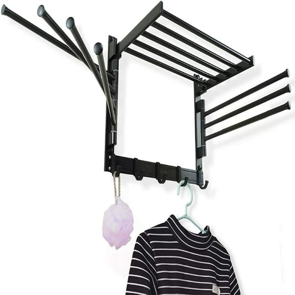 Laundry Clothes Drying Rack Wall Mounted Rotating Towel Rack with Hooks and Swing Arms for Bathroom/Laundry Room - Space Aluminum