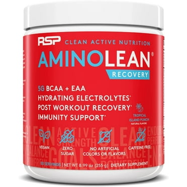 RSP Nutrition AminoLean Recovery Post Workout BCAAs and EAAs Amino Acids Supplement for Lean Muscle, Tropical Punch Flavor, 30 Servings