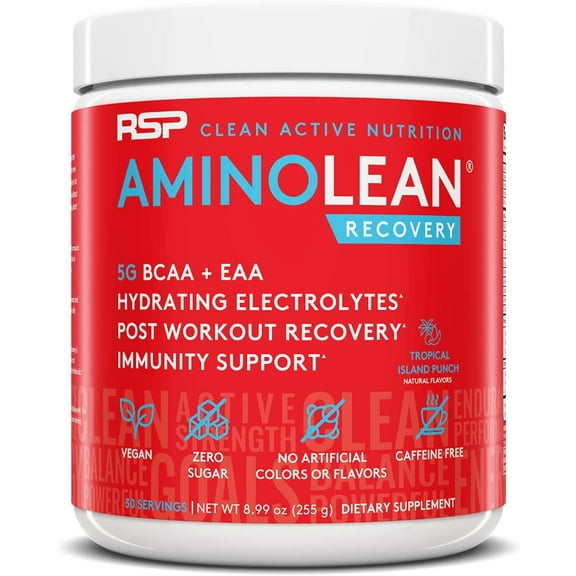 RSP Nutrition AminoLean Recovery Post Workout BCAAs and EAAs Amino Acids Supplement for Lean Muscle, Tropical Punch Flavor, 30 Servings