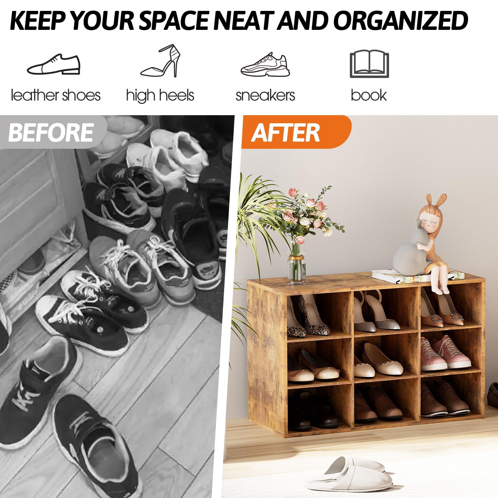 Shoe Storage Bench, Cubby Shoe Rack with 9 Cubbies, 3-Tier Wood Shoe Rack Organizer, Shoe Organizer Cabinet for Entryway, Hallway, Closet and Garage, Brown