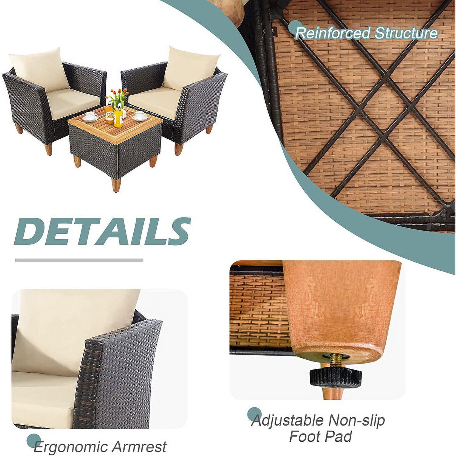Aimee Lii 3 Pieces Patio Rattan Bistro Furniture Set with Wooden Table Top, Outdoor Patio Furniture, Beige
