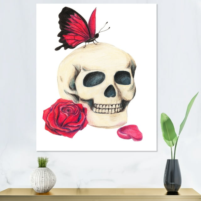 Designart Crâne avec Rose Rouge et Papillon Art Mural Moderne et Contemporain sur Toile