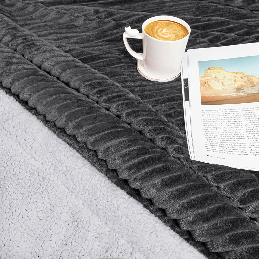 PAVILIA Reversible Sherpa Fleece Throw Blanket Dark Grey, Plush Flannel Throw, Ultra Soft Warm Ribbed Microfiber Blanket for Sofa Couch Bed, Luxury Thick Striped Blanket, Grey, 50x60