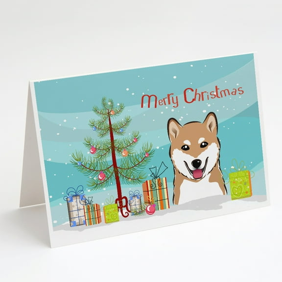 Christmas Tree and Shiba Inu Greeting Cards and Envelopes Pack of 8