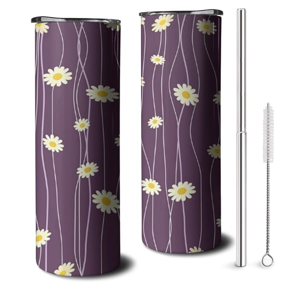 20oz Purple Daisy Flower Wavy Lines Pattern Skinny Tumblers Stainless Steel Tumbler with Lid and Straw,Vacuum Insulated Double Wall Travel Tumbler Cups with Cleaning Brush for Coffee,Tea