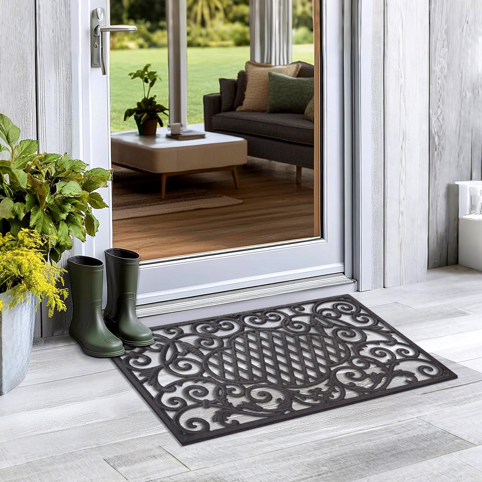 SINDA Front Door Mat Cast Iron Doormat Heavy Duty Non-Slip Stain and Dirt Resistant Front Doormat Outdoor (Black, 24" L x 14" W, Magic Cloud)