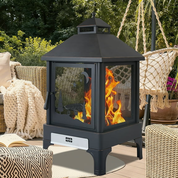 24in Fire Pit with Grills, Large Wood Burning Fire Pits for Outside, 2-in-1 BBQ& Outdoor Firepit with Lid for Backyard, Patio, Party