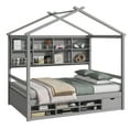PORKISS Full House Bed, Wood Platform Bed with Roof Frame and Beside