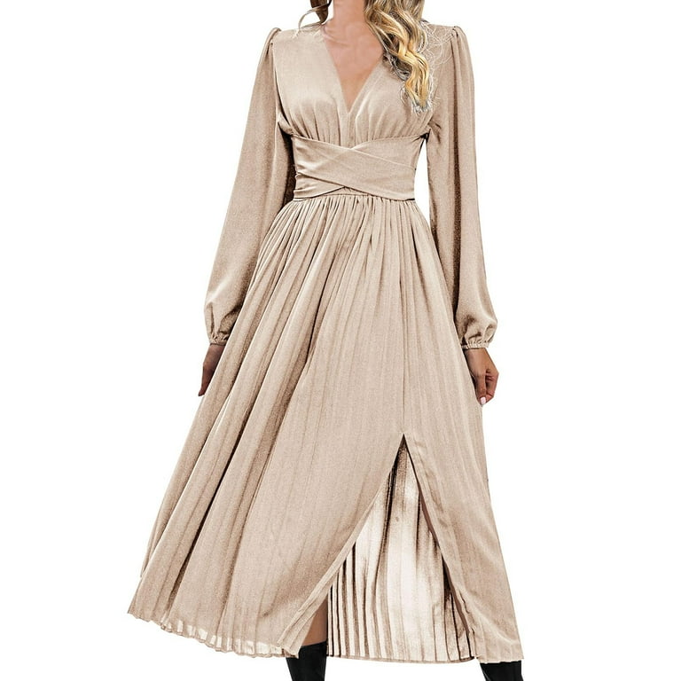 パネライ 希少 Long Dress Midi Spring Women'S Puff Flowy Neck V Wrap Sleeve Clothing