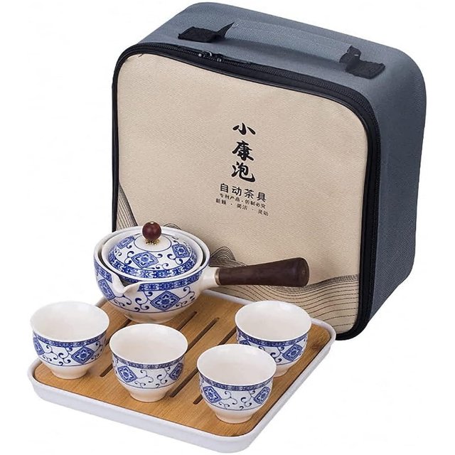 Youngky Porcelain Chinese Ceramic Gongfu Tea Set,Portable Travel Tea Set with 360 Rotation Tea maker and Infuser, All in One Gift Bag for Travel,Home,Gifting,and Office (White Blue)
