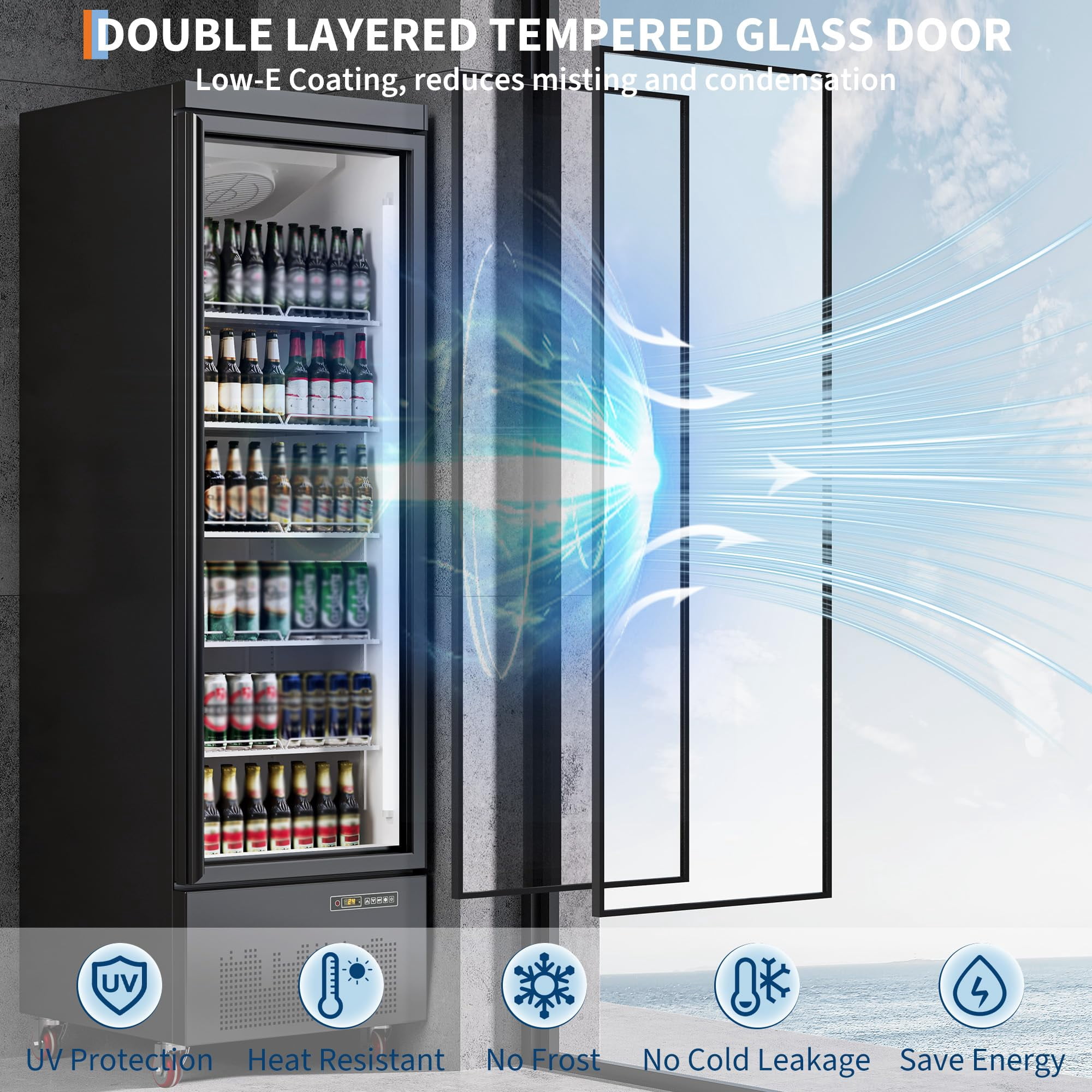 Acekid Large Glass Door Display Refrigerator, Commercial Merchandiser Cooler for Beverages, Black