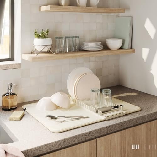 330720-354 UDRY Rack and Microfiber Dish Drying Mat-Space-Saving Lightweight Design Folds Up for Easy Storage, Standard, Linen