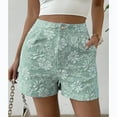 thumbnail image 2 of Women's Fashion Jean Shorts with Mid-Rise Elastic Waist and Straight Leg, Embroidered Lace Detail Shorts for Ladies Chic Style, Perfect for Casual Outings and Comfortable Daily Wear,Mint Green M, 2 of 5