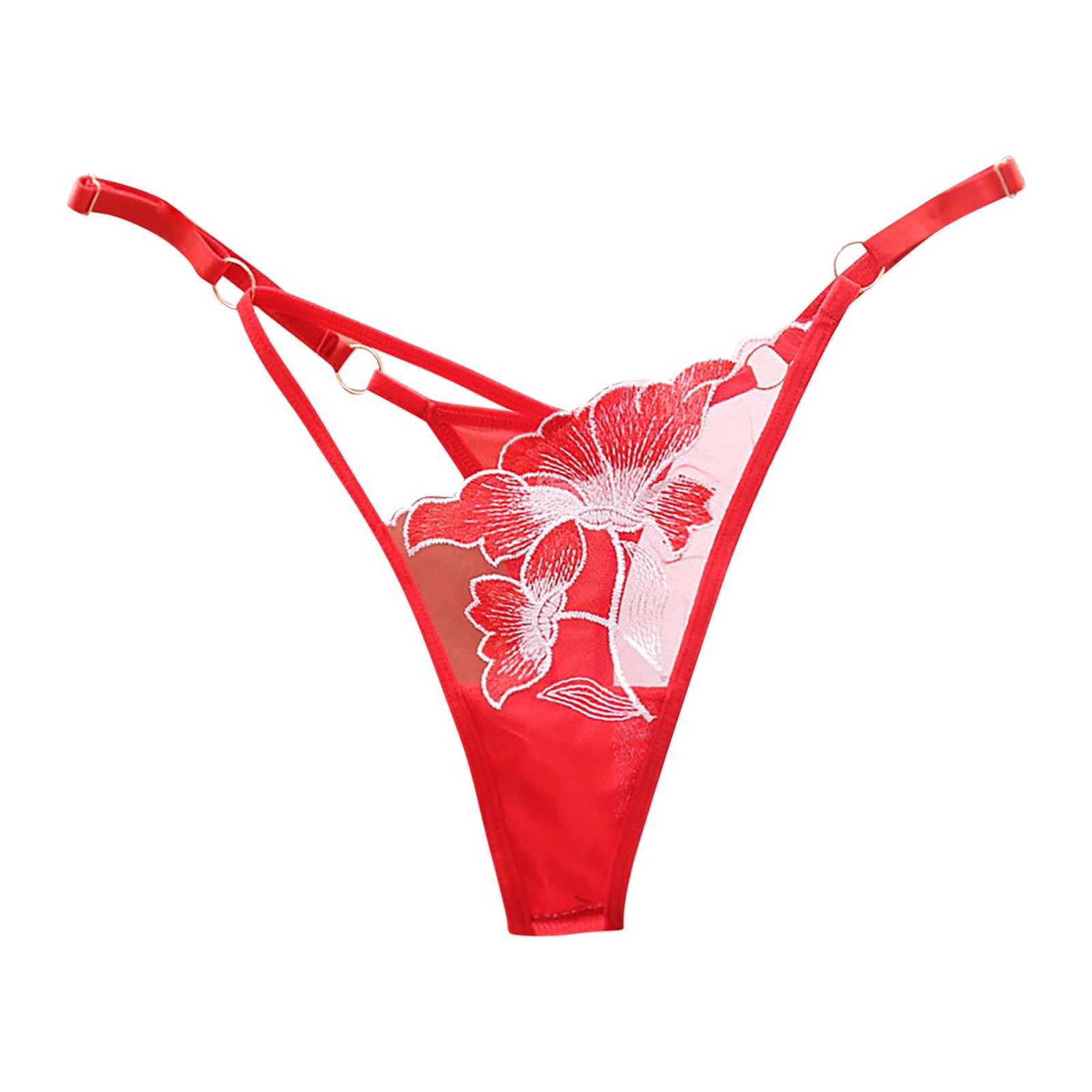 XFLWAM G-String Thongs for Women Lace Embroidery Panties Sheer Mesh  Adjustable Tie Underwear Red