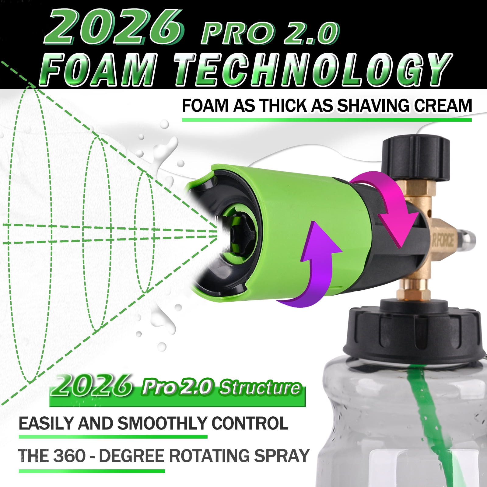 Bear Force Pressure Washer Brass Foam Cannon (Wide Mouth) – Car Wash Snow Foam Lance Pressure Washer Foam Sprayer for Car Washing with 360° Adjustable Thick Foam + 1/4 Quick Connector, 32oz Bottle