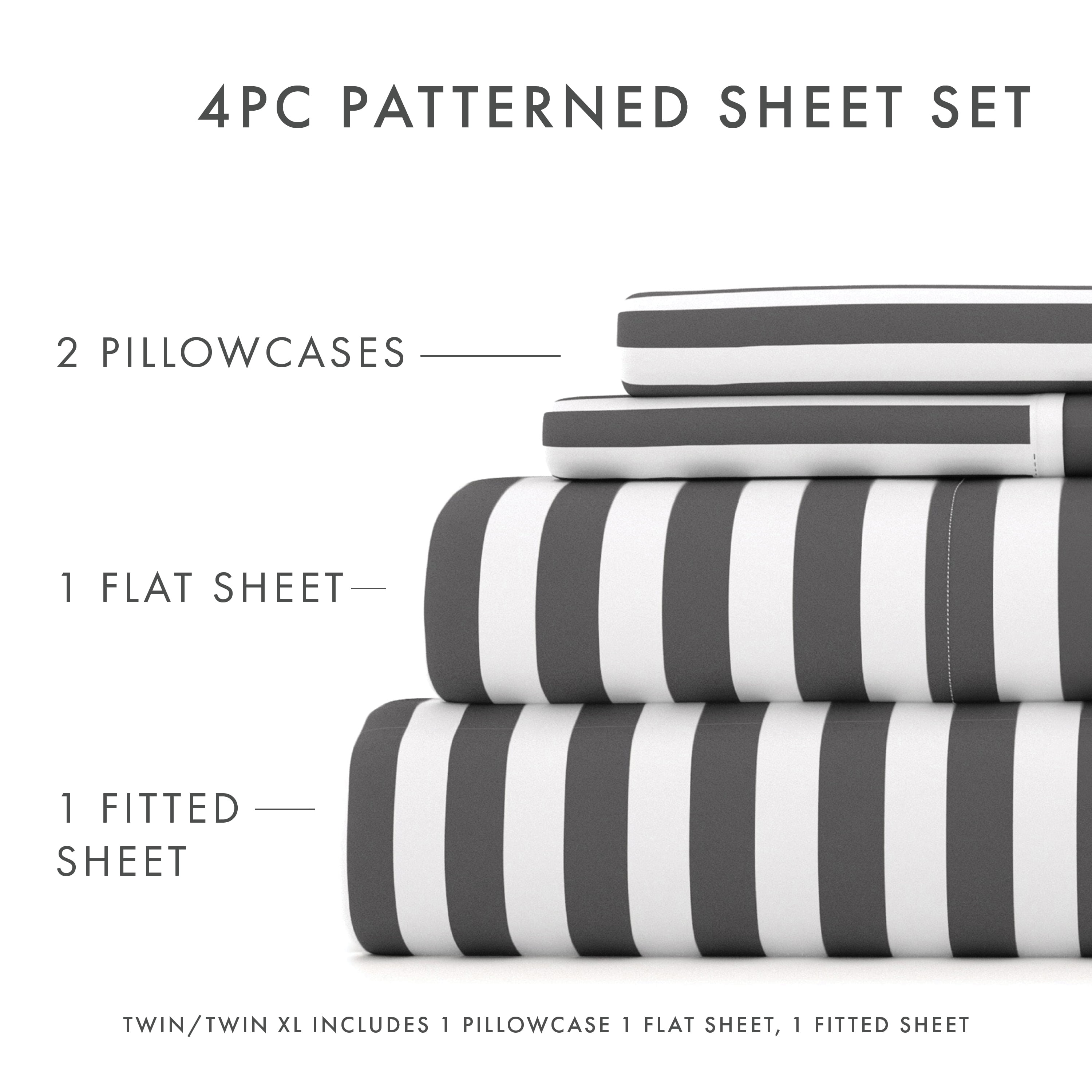 Noble Linens 4 Piece Pattern Microfiber Bed Sheets Set, Gray Ribbon, California King