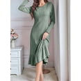 thumbnail image 5 of Long Sleeve Fall Dress for Women Casual Crew Neck Midi Long Ribbed Knit Ruffle Swing Maxi Dress Green XL, 5 of 7
