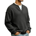 thumbnail image 3 of Havenx Waffle Knit Long Sleeve Shirt for Men V Neck Textured Sweatshirts Waffle Solid Color Tee Shirts Soft Comfy Casual Business Workout Pullover Sweater,Black L, 3 of 5