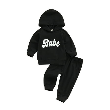 

Kiapeise Baby Boy Girl Clothes Babe Letter Printed Hoodies Sweatshirt Top Pants Set Toddler Sweatsuits Joggers Set