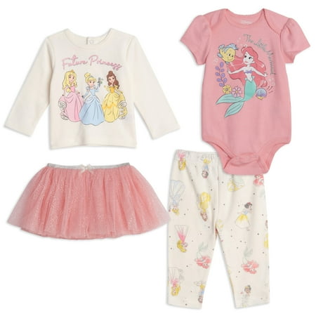 Disney Princess Aurora Cinderella Ariel Bodysuit T-Shirt Tulle MeshSkirt and Leggings 4 Piece Layette Set Newborn to Infant