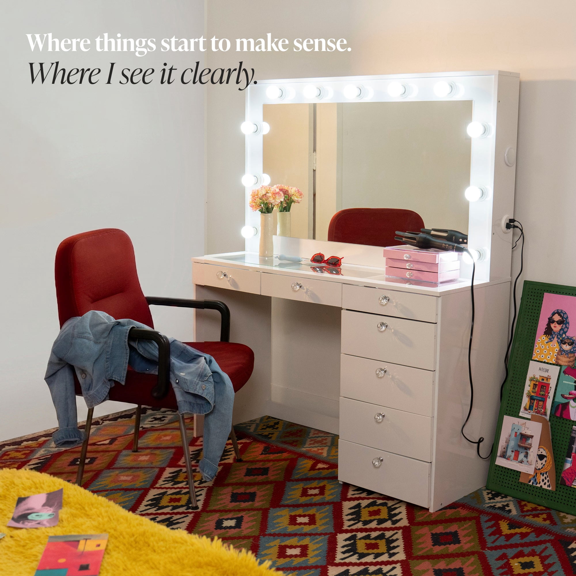 Ember Interiors Get Ready with Me White Makeup Vanity Desk with Glass Top, 7 Drawers, Lighted Mirror & USB/Power
